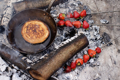 CAMPFIRE PANCAKES WITH CHARRED STRAWBERRIES